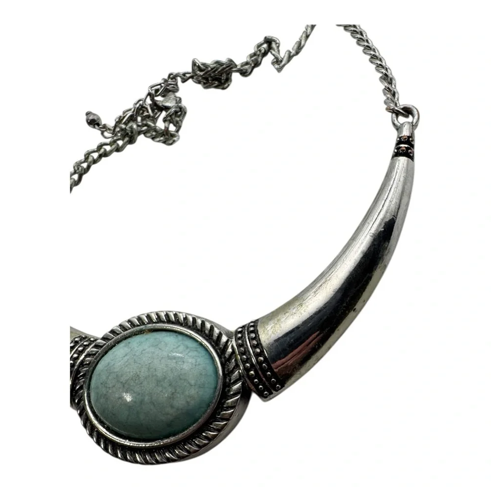 Vintage Silver-Tone Crescent Collar Necklace w/ Blue Crackle Cabochon - Picture 2 of 7